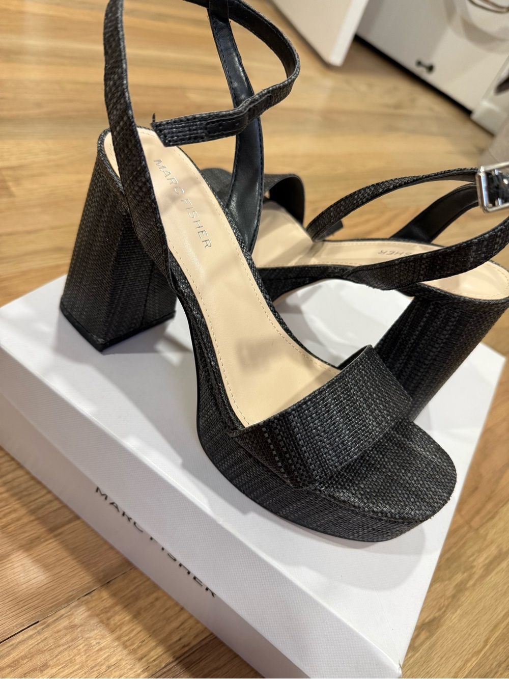 Marc Fisher Black Textured Platform Block Heel Sandals